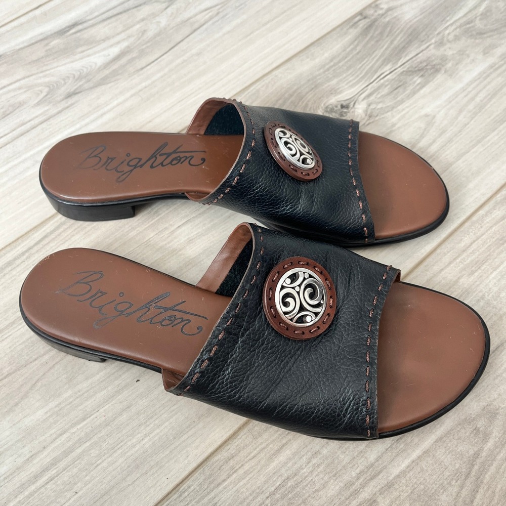 Brighton Molly Medallion Slide Sandals Leather Flat Black 10 Silver Ornament